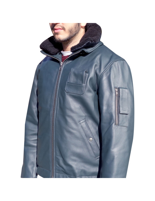 Blouson pilote en cuir bleu pétrole